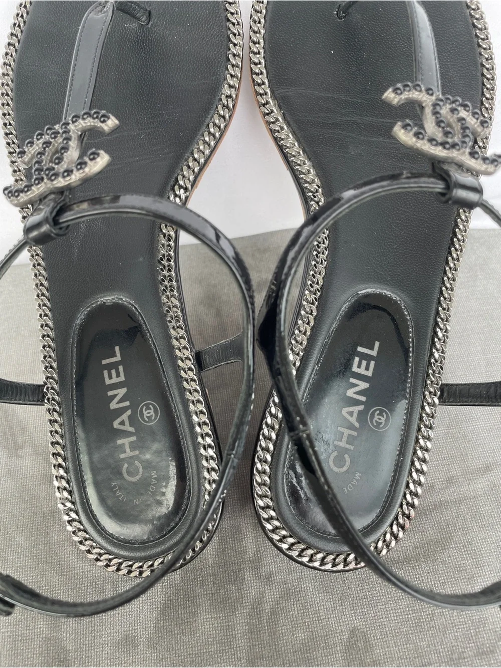 Chanel Black Chain-Trim Thong Sandals Embellished CC Logo & Silver Chains Detail